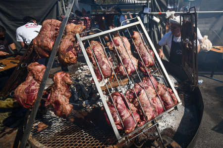 Buenos Aires, Argentina - 20 Aug, 2017: Cooking a traditional South American asado (grill) during the Federal Asado Championship.のeditorial素材