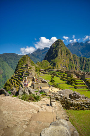 Vertical view of the Lost Incan City of Machu Picchu near Cusco, Peru. Machu Picchu is a Peruvian...