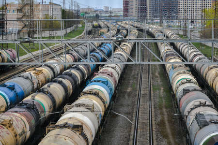 Moscow, Russia. 2nd May, 2020. Railway tank cars with oil in Moscow, Russia.のeditorial素材