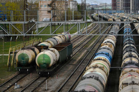 Moscow, Russia. 2nd May, 2020. Railway tank cars with oil in Moscow, Russia.のeditorial素材