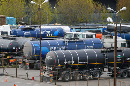 Moscow, Russia. 2nd May, 2020. Parking lot with trucks carrying bitumen in Moscow, Russia.のeditorial素材
