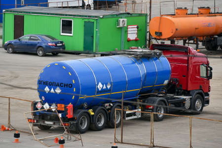 Moscow, Russia. 2nd May, 2020. Parking lot with trucks carrying bitumen in Moscow, Russia.のeditorial素材