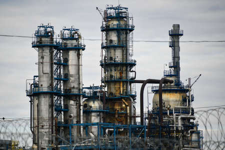 Moscow, Russia. 2nd May, 2020. Pipes of the Moscow Oil Refinery in the Chagino-Kapotnya industrial zone in Moscow, Russia.のeditorial素材