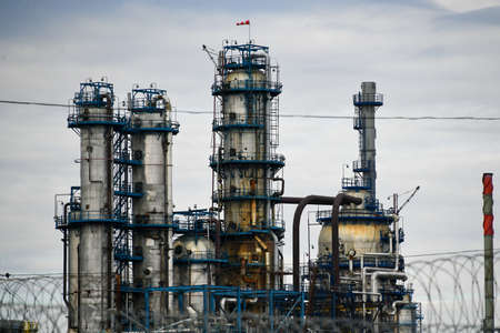 Moscow, Russia. 2nd May, 2020. Pipes of the Moscow Oil Refinery in the Chagino-Kapotnya industrial zone in Moscow, Russia.のeditorial素材