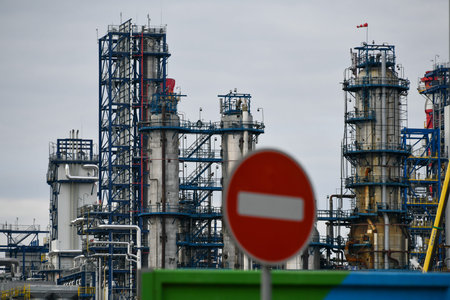 Moscow, Russia. 2nd May, 2020. Pipes of the Moscow Oil Refinery in the Chagino-Kapotnya industrial...