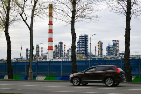 Moscow, Russia. 2nd May, 2020. Pipes of the Moscow Oil Refinery in the Chagino-Kapotnya industrial zone in Moscow, Russia.のeditorial素材
