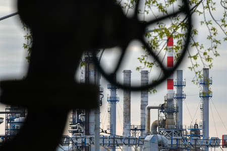 Moscow, Russia. 2nd May, 2020. Pipes of the Moscow Oil Refinery in the Chagino-Kapotnya industrial zone in Moscow, Russia.のeditorial素材
