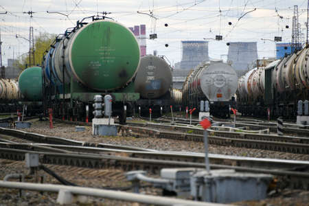 Moscow, Russia. 2nd May, 2020. Railway tank cars with oil in Moscow, Russia.のeditorial素材