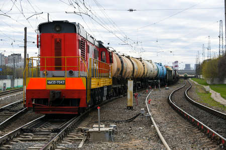 Moscow, Russia. 2nd May, 2020. Locomotive with oil tank cars in Moscow, Russia.のeditorial素材