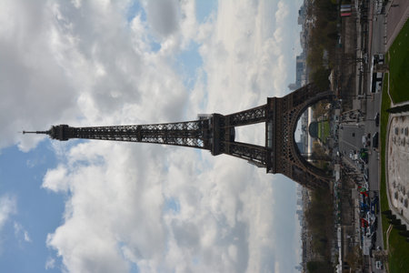 The Eiffel Tower in Paris, France on a cloudy day