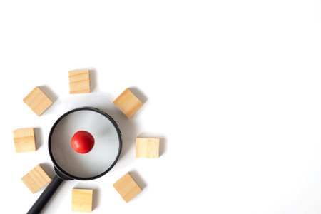 A red ball under a magnifying glass is surrounded by wooden blocks on a white background, illustrating the concept of focus, uniqueness, and detailed attention.の写真素材