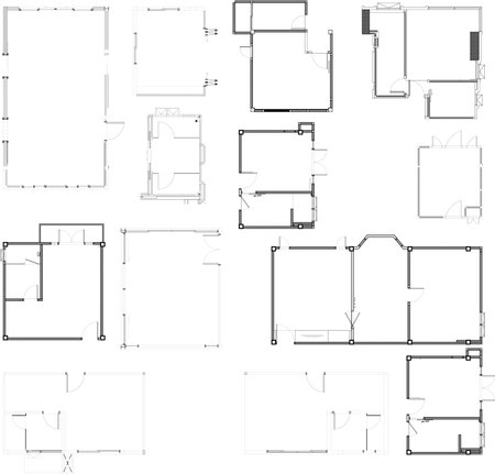 Black-and-White Rectangular Building Floor Plan with 12 Residential Rooms, Small and Large Rooms,...