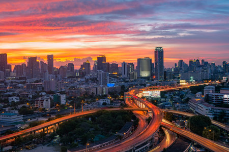 skyline bangkok city transport on sunset