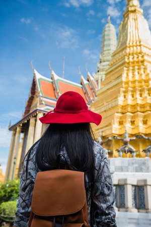 Young tourist traveling in Thai temple Bangkok, Thailandの写真素材