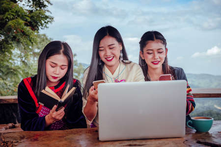 women and friend happy time  in coffee shop Chiang Rai Thailand Asiaの写真素材
