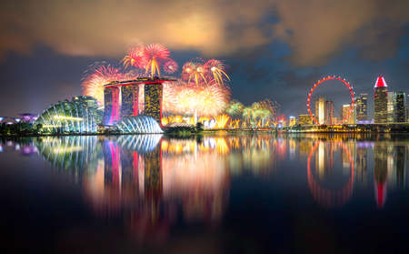 Marina bay sand and Downtown with Singapore flyer Twilight time view from garden by the bay in holiday 2019 Singapore cityのeditorial素材