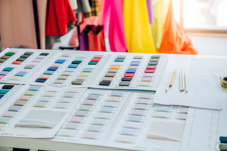 Creative Garment Design Tailoring Service Concept. Cute Professional Sewer Measuring Male Bearded Model Waist or Hip. Smiling Outfit Designer Taking Man Measurement for Formal Suit with Tape Meterの写真素材