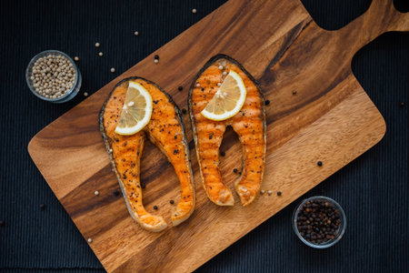 Cooked salmon steaks are prepared and served with Omega 3 Japanese food.