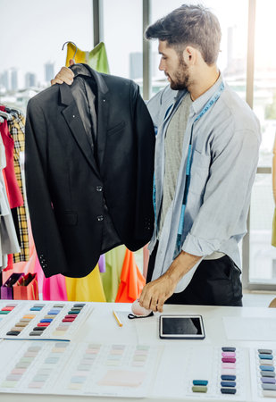 Creative Garment Design Tailoring Service Concept. Cute Professional Sewer Measuring Male Bearded...