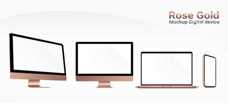 3d illustration, Mockup Digital device rose gold color on white background for graphic design. luxury set electronic is desktop computer notebook and mobile phone rose gold isolated.の写真素材