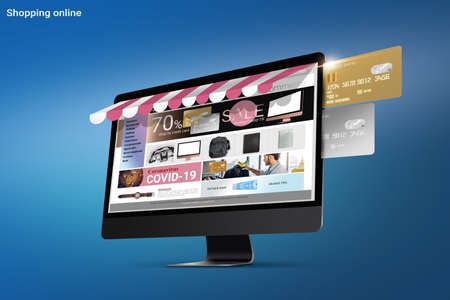 3d illustration, website e-commerce sme business shopping online in website on desktop computer pay by credit card design for banner during covid-19. credit card and computer on blue backgroundの写真素材