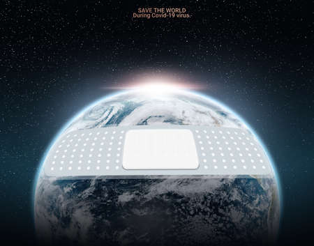 3d illustration, save the world concept. plaster wound with world Treatment during the outbreak of Covid-19. world is keeping In the period of good care Hoping to return to normal. black backgroundの写真素材