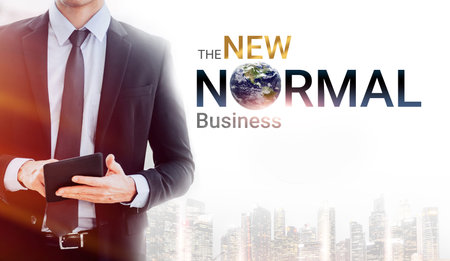 New normal concept. 3d illustration. Logo design "new normal" for ads business cover elements. businessman in city on white background during COVID-19 caused the new normal of business worldwide.の写真素材