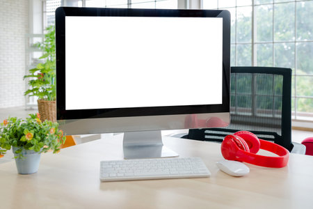 mockup desktop computer monitor 27-inch workplace home office white monitor for add banner ad