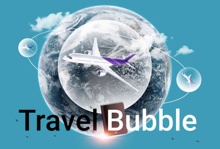 New normal travel concept. Logo design "travel bubble" text for cover, After the pandemic coronavirus COVID-19 virus caused the new normal of travel worldwide. 3d illustration.の写真素材