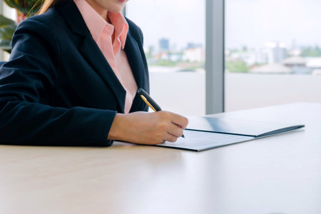 woman adult, confident smart, young business woman working in a new office Is the boss. he sign...