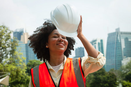 Portrait of a beautiful engineer African American woman Wearing a white hat, orange shirt, city background.の写真素材