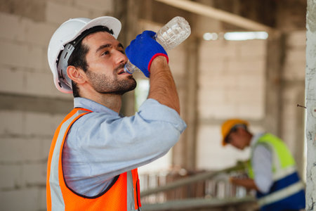 Close-up The workers construction workers drink water. An engineer or worker is tired.