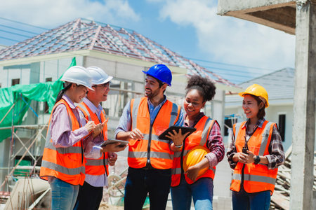 Diverse team of experts on the construction site. Real estate project with civil engineers,...