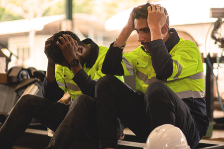 factory engineer or worker Feeling stressed about being fired from your job. Frustrated, stressed, sad. being terminated from employmentの写真素材