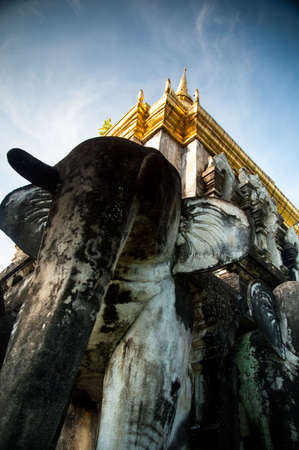 Stucco sculpture elephant pagoda Wat Chiang Man. Chiang Mai, Thailandの写真素材