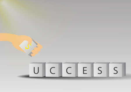 Vector : Success on block cube with hand hold  on gray backgroundのイラスト素材