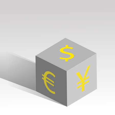 Dollar, Euro and Yen on a cube with shadow on gray backgroundのイラスト素材