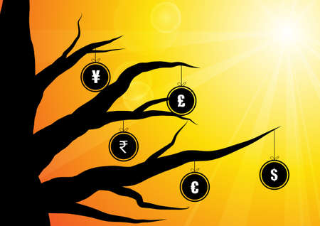 Vector : Currency symbol in circle hang on a branchのイラスト素材