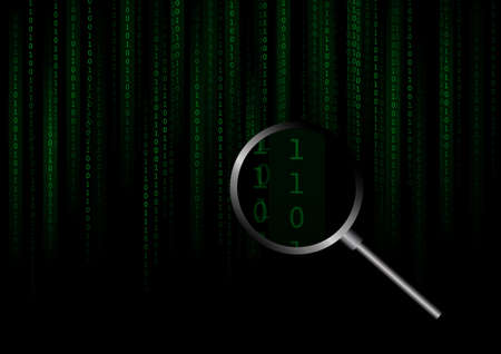 Vector : Binary number and magnifier on black backgroundのイラスト素材