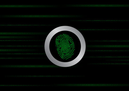 Vector : Green binary number and finger print on black background