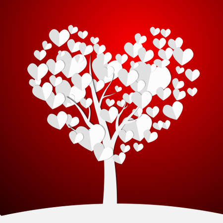 Vector : Paper hearts on tree on red backgroundのイラスト素材