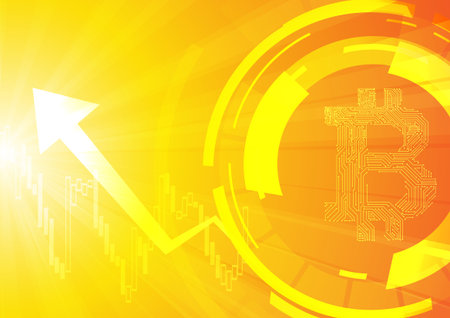 Vector : Electronic circuit inside bitcoin symbol with business graph on orange backgroundのイラスト素材