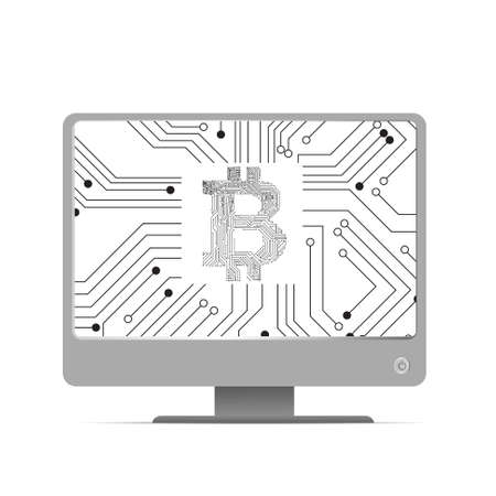 Vector : Electronic circuit inside bitcoin symbol on computer monitorのイラスト素材