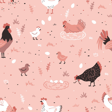 Seamless pattern with hen, chicken, rooster and nest with eggs. chicken farm. Cartoon. Cozy vector illustration. pink background.のイラスト素材