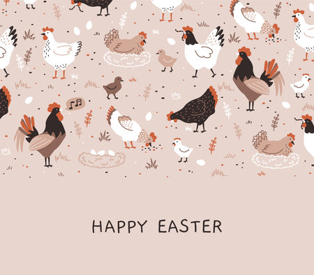 Banner of colorful hen, chicken, chick, rooster and nest with eggs. chicken farm. Cartoon. Cozy vector illustration. Happy Easter.のイラスト素材