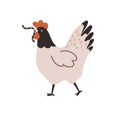 A beige chicken is holding a worm. chicken farm. Cartoon. Cozy vector illustration.のイラスト素材