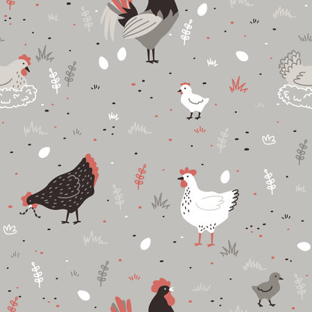 Seamless pattern with hen, chicken, chick, rooster and nest with eggs. chicken farm. Cartoon. Cozy vector illustration. gray background.のイラスト素材