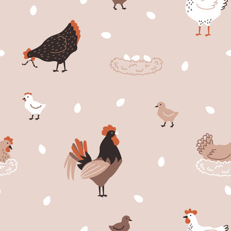 Seamless pattern with hen, chicken, chick, rooster and nest with eggs. chicken farm. Cartoon. Cozy vector illustration. Beige background.のイラスト素材