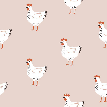 Seamless pattern with white hen on beige background. chicken farm. Cartoon. Cozy vector illustration.のイラスト素材