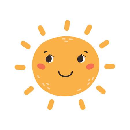 Cute yellow sun is smiling isolated on a white background. cartoon vector illustration.のイラスト素材
